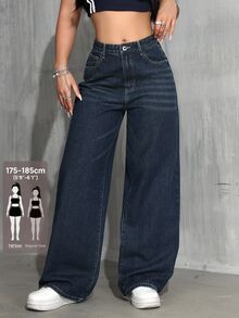 SHEIN Tall Celana Jeans Klasik Original Warna Biru Tua Washed Model Lurus Pinggang Tinggi Longgar Pas Ramping Kasual Serbaguna Kaki Lebar - Dark Wash - View 1
