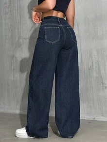 SHEIN Tall Celana Jeans Klasik Original Warna Biru Tua Washed Model Lurus Pinggang Tinggi Longgar Pas Ramping Kasual Serbaguna Kaki Lebar - Dark Wash - View 3