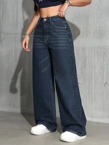 SHEIN Tall Celana Jeans Klasik Original Warna Biru Tua Washed Model Lurus Pinggang Tinggi Longgar Pas Ramping Kasual Serbaguna Kaki Lebar - Dark Wash - View 5