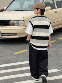 2件套男童休闲宽松两合一条纹圆领套头衫（白色短袖上衣）和黑色直筒裤运动套装，Y2K风格，SS26款，适合春夏、郊游、情人节、约会、旅行、度假、家庭聚会、返校、婚礼、派对、运动、生日等场合。 - 彩色 - 查看 5