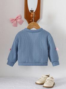 SHEIN Vintaside Kids 女嬰 V 領蝴蝶結純色長袖針織開襟衫，春秋外套，秋冬款，嬰兒藍，可愛日系風 - 寶藍色 - 查看 3