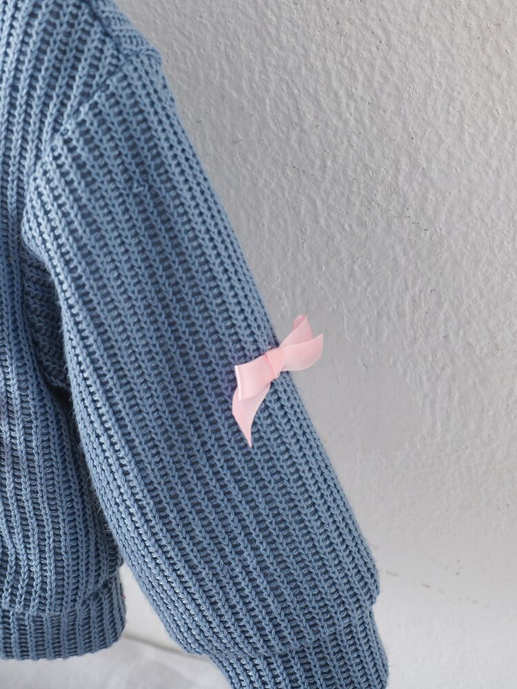 SHEIN Vintaside Kids Baby Girl V-Neck Bow Solid Color Long Sleeve Cardigan Sweater, Spring/Autumn Outerwear Fall Winter Baby Blue Cute Kawaii - Royal Blue - View 6