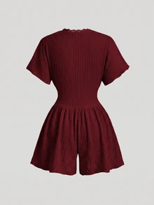 SHEIN MOD 女款街頭風蕾絲拼接紋理連身短褲 - 酒紅色 - 查看 3