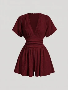 SHEIN MOD 女款街頭風蕾絲拼接紋理連身短褲 - 酒紅色 - 查看 2