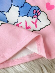SHEIN 女童秋冬日常居家甜美卡通螢光愛心兔子印花長袖套頭上衣與配套長褲套裝，女孩睡衣套裝，2件式兒童家居服套裝，粉色修身，隨機發送2件 - 粉色 - 查看 8