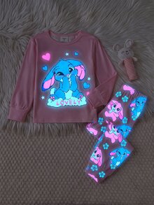 SHEIN 女童秋冬日常居家甜美卡通螢光愛心兔子印花長袖套頭上衣與配套長褲套裝，女孩睡衣套裝，2件式兒童家居服套裝，粉色修身，隨機發送2件 - 粉色 - 查看 3