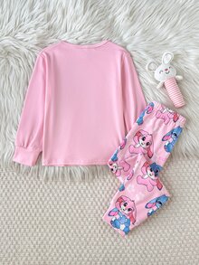 SHEIN 女童秋冬日常居家甜美卡通螢光愛心兔子印花長袖套頭上衣與配套長褲套裝，女孩睡衣套裝，2件式兒童家居服套裝，粉色修身，隨機發送2件 - 粉色 - 查看 6