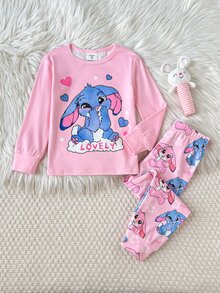 SHEIN 女童秋冬日常居家甜美卡通螢光愛心兔子印花長袖套頭上衣與配套長褲套裝，女孩睡衣套裝，2件式兒童家居服套裝，粉色修身，隨機發送2件 - 粉色 - 查看 5