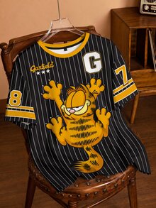 GARFIELD | SHEIN Kaos Lengan Pendek Bergambar Kartun Garis-garis Ukuran Besar - Putih - View 1