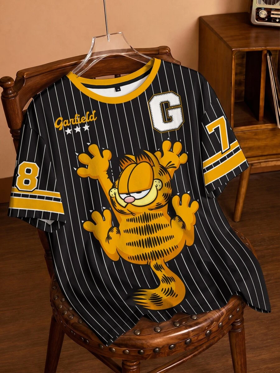 GARFIELD | SHEIN Kaos Lengan Pendek Bergambar Kartun Garis-garis Ukuran Besar - Putih - View 1