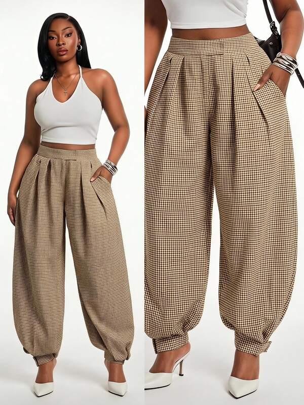 Radiana Women's Autumn New Vintage High Waist Plaid Lantern Pants, Commuter Long Pants, Houndstooth Long Pants, All-Match Versatile, Daily Casual Streetwear, Shopping, Gathering, Old Money Style Clothing, Commute, Office