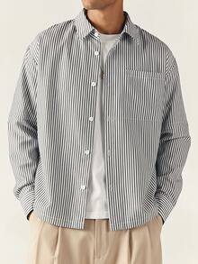 SUMWON Oversized Vertical Stripe Long Sleeve Button-Down Collared Shirt With Chest Pocket Relaxed Fit Casual Spring Summer Layering Top - Black and White - View 1