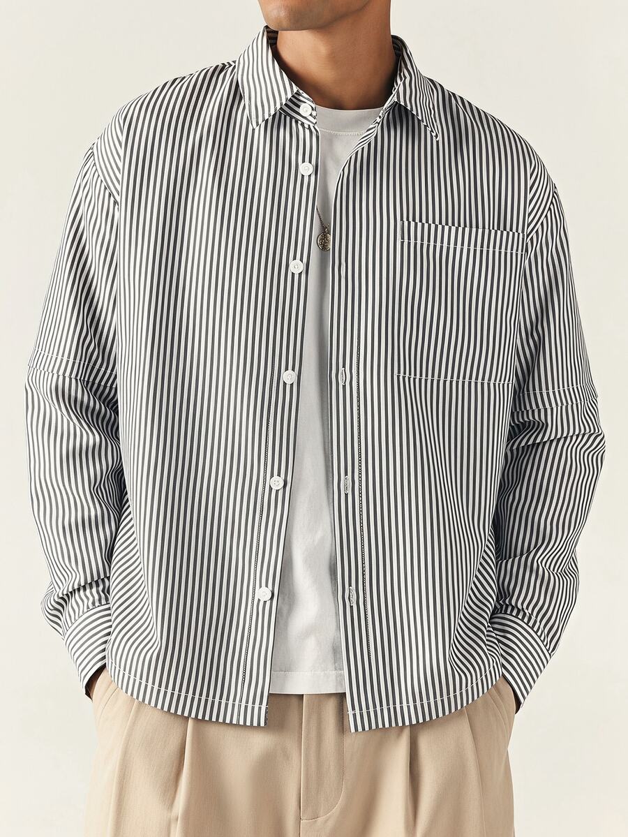 SUMWON Oversized Vertical Stripe Long Sleeve Button-Down Collared Shirt With Chest Pocket Relaxed Fit Casual Spring Summer Layering Top - Black and White - View 1