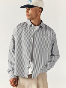 SUMWON Oversized Vertical Stripe Long Sleeve Button-Down Collared Shirt With Chest Pocket Relaxed Fit Casual Spring Summer Layering Top - Black and White - View 6