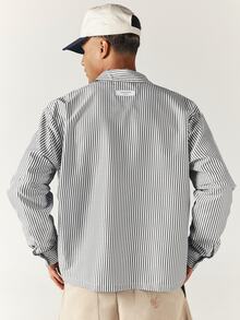 SUMWON Oversized Vertical Stripe Long Sleeve Button-Down Collared Shirt With Chest Pocket Relaxed Fit Casual Spring Summer Layering Top - Black and White - View 5