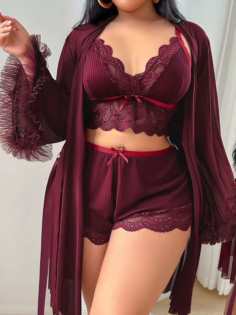 Slumberist 3pcs Set: Lace Patchwork Sexy Camisole Shorts + 3D Floral Trim Loose Sleeve Plus Size Mesh Robe Wedding Lounge Burgundy - Maroon - View 1