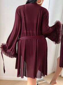 Slumberist 3pcs Set: Lace Patchwork Sexy Camisole Shorts + 3D Floral Trim Loose Sleeve Plus Size Mesh Robe Wedding Lounge Burgundy - Maroon - View 2