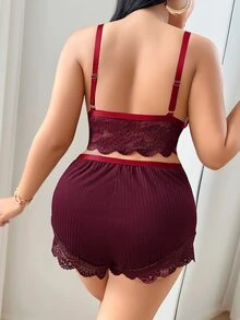 Slumberist 3pcs Set: Lace Patchwork Sexy Camisole Shorts + 3D Floral Trim Loose Sleeve Plus Size Mesh Robe Wedding Lounge Burgundy - Maroon - View 4