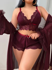 Slumberist 3pcs Set: Lace Patchwork Sexy Camisole Shorts + 3D Floral Trim Loose Sleeve Plus Size Mesh Robe Wedding Lounge Burgundy - Maroon - View 3