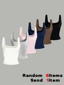 1pc Random, Teen Girls Simple Casual Square Neck Tank Top, Minimalist Color; Suitable For Summer, Personalized Tank Top, Girls Tank Top, Suitable For Spring/Summer, Easy And Comfortable, Family Outing Season, Family Outing, Simple Casual Wear, Back To School Essential - Multicolor - View 2