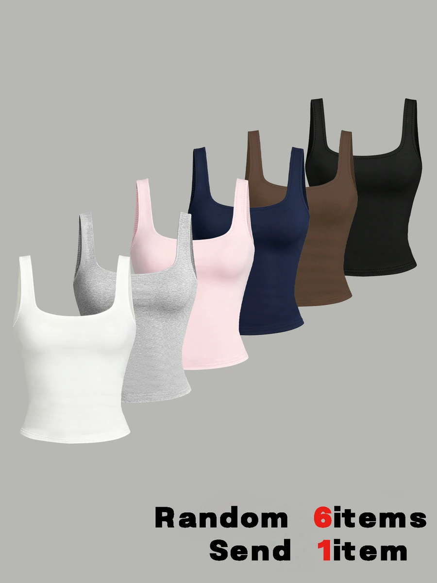 1pc Random, Teen Girls Simple Casual Square Neck Tank Top, Minimalist Color; Suitable For Summer, Personalized Tank Top, Girls Tank Top, Suitable For Spring/Summer, Easy And Comfortable, Family Outing Season, Family Outing, Simple Casual Wear, Back To School Essential - Multicolor - View 1