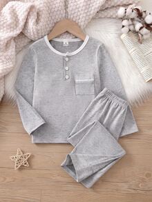 Young Boy Solid Grey Thickened Pajama Set, Long Sleeve Henley Button Top & Elastic Waist Pants, Cozy Fall Winter Loungewear Set - Grey - View 4