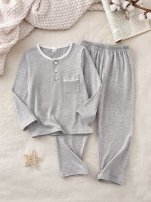Young Boy Solid Grey Thickened Pajama Set, Long Sleeve Henley Button Top & Elastic Waist Pants, Cozy Fall Winter Loungewear Set - Grey - View 3