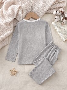Young Boy Solid Grey Thickened Pajama Set, Long Sleeve Henley Button Top & Elastic Waist Pants, Cozy Fall Winter Loungewear Set - Grey - View 2