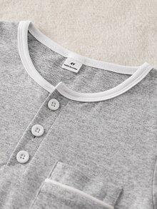 Young Boy Solid Grey Thickened Pajama Set, Long Sleeve Henley Button Top & Elastic Waist Pants, Cozy Fall Winter Loungewear Set - Grey - View 5