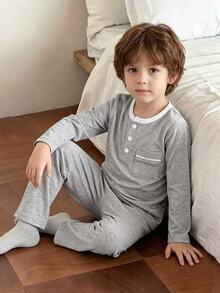 Young Boy Solid Grey Thickened Pajama Set, Long Sleeve Henley Button Top & Elastic Waist Pants, Cozy Fall Winter Loungewear Set - Grey - View 6