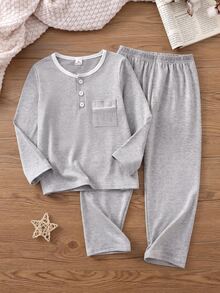 Young Boy Solid Grey Thickened Pajama Set, Long Sleeve Henley Button Top & Elastic Waist Pants, Cozy Fall Winter Loungewear Set - Grey - View 8