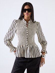 LYSMO Women's Striped Pleated Casual Versatile Daily Wear Shirt - Multicolor - View 3