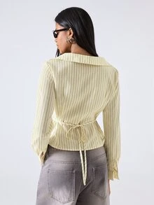 LYSMO Women's Black And White Striped Long Sleeve Single-Breasted Casual Elegant Shirt Office Work - Yellow - View 2
