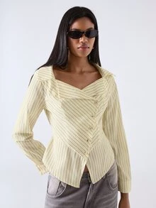 LYSMO Women's Black And White Striped Long Sleeve Single-Breasted Casual Elegant Shirt Office Work - Yellow - View 6