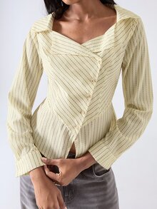 LYSMO Women's Black And White Striped Long Sleeve Single-Breasted Casual Elegant Shirt Office Work - Yellow - View 7