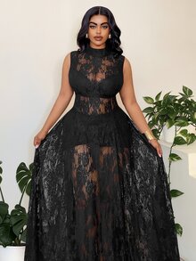 Maweii Plus Size Women's Black Sleeveless High Neck Full Lace Dress - Black - View 5