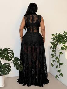 Maweii Plus Size Women's Black Sleeveless High Neck Full Lace Dress - Black - View 3