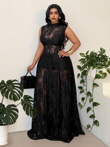 Maweii Plus Size Women's Black Sleeveless High Neck Full Lace Dress - Black - View 7