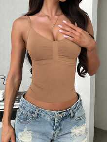 INAWLY Solva Camiseta ajustada plisada de unicolor y sexy para el verano - Caqui - Ver 2