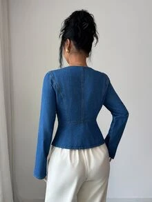 Elenzga Women's Fashion Street Button Long Sleeve Denim Jacket - Blue - View 2