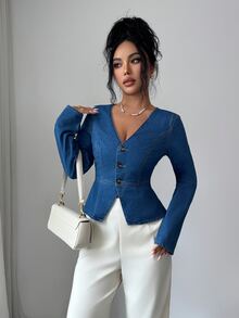 Elenzga Women's Fashion Street Button Long Sleeve Denim Jacket - Blue - View 7