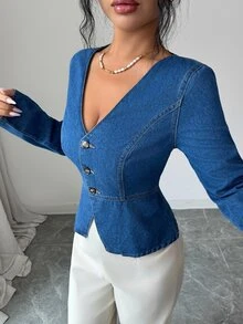 Elenzga Women's Fashion Street Button Long Sleeve Denim Jacket - Blue - View 5