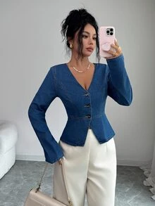 Elenzga Women's Fashion Street Button Long Sleeve Denim Jacket - Blue - View 4