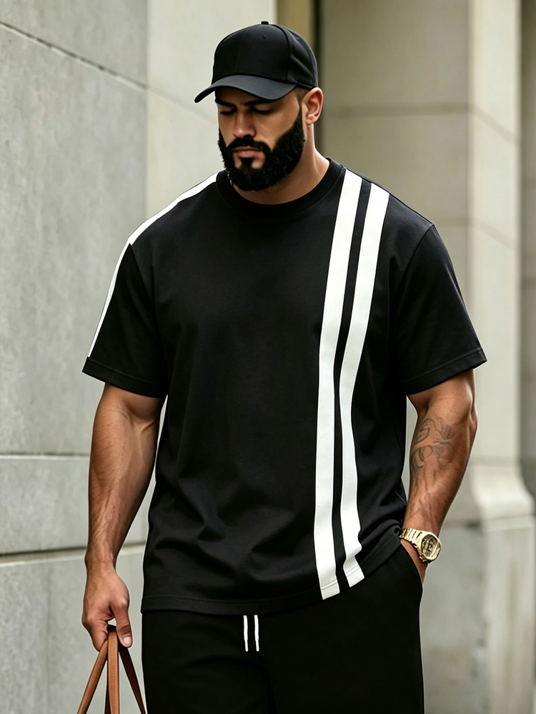 Manfinity Homme Men's Plus Size Contrast Stripe Short Sleeve T-Shirt - Black and White - View 3