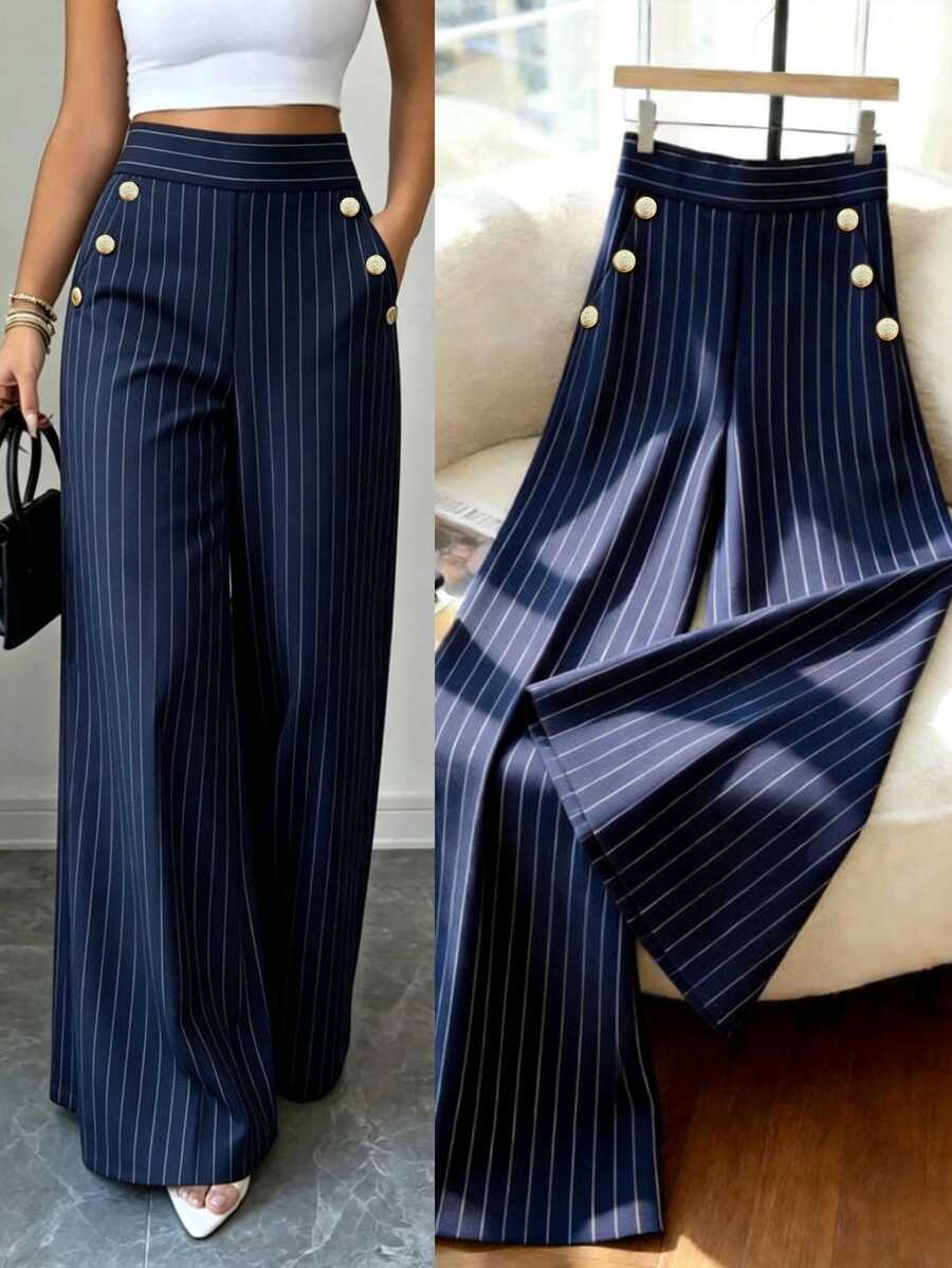 SHEIN LUNE CURVE Plus Striped Print Button Decor Wide Leg Pants Fall - Navy Blue - View 1