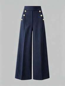 SHEIN LUNE CURVE Plus Striped Print Button Decor Wide Leg Pants Fall - Navy Blue - View 4