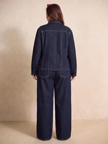 Elaquor Plus Size Women's Long Sleeve Zipper Front Shirt And Long Pants Denim Two Pieces Set Fall Clothes For Women - Dark Wash - View 2