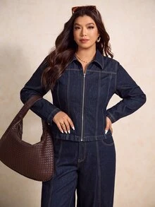 Elaquor Plus Size Women's Long Sleeve Zipper Front Shirt And Long Pants Denim Two Pieces Set Fall Clothes For Women - Dark Wash - View 7