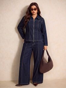 Elaquor Plus Size Women's Long Sleeve Zipper Front Shirt And Long Pants Denim Two Pieces Set Fall Clothes For Women - Dark Wash - View 4