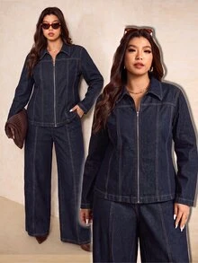 Elaquor Plus Size Women's Long Sleeve Zipper Front Shirt And Long Pants Denim Two Pieces Set Fall Clothes For Women - Dark Wash - View 1